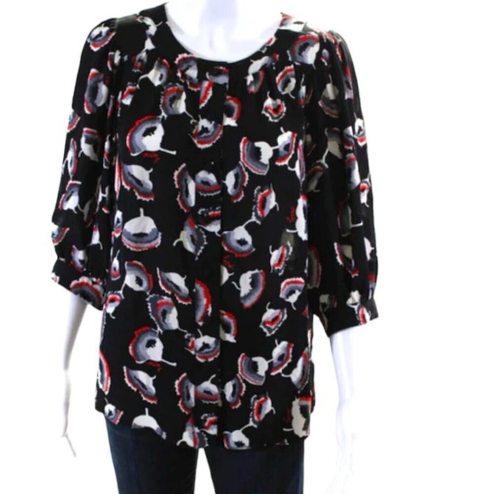 Milly Silk Floral Poppy Puff Sleeves Logo Print Button Top Blouse Oversize Shirt